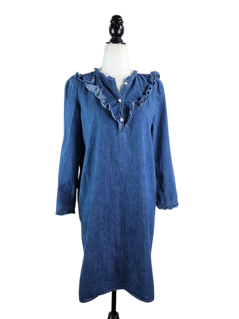 Pablo French Ruffled V-Neck Long Sleeve Denim Dress - midwashed indigo